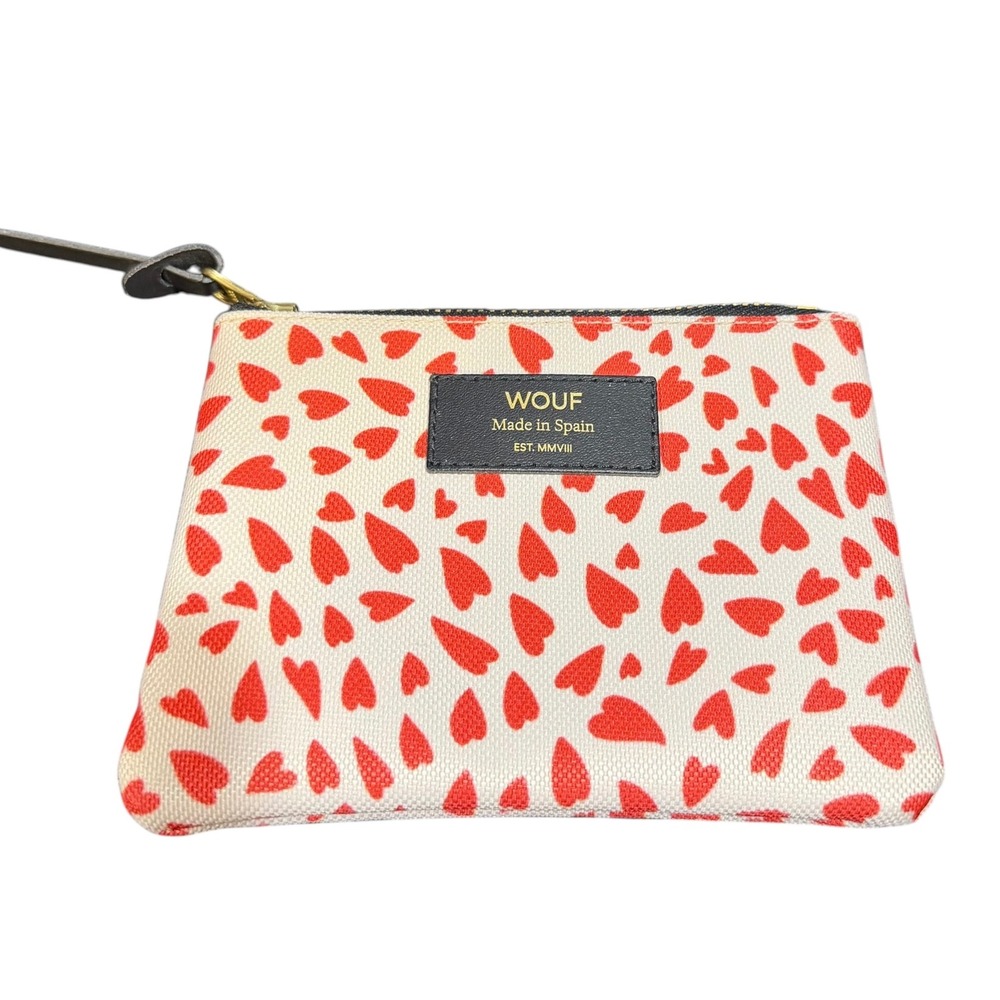 Wouf Spain Red Hearts Canvas Coin Purse Zipper Pouch Small Cream Red